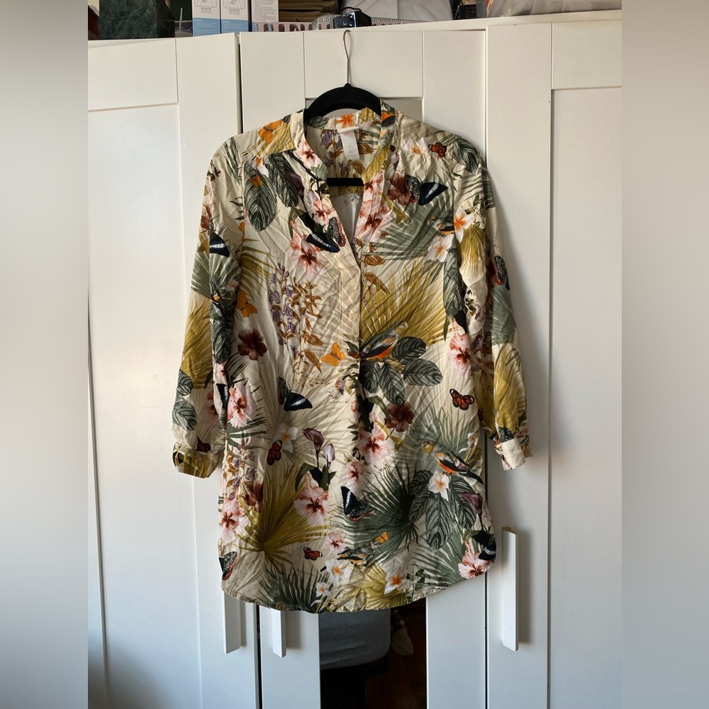 H&M Tropical Floral Bird Blouse Long Sleeve Lightweight Top Size 2 - Picture 2 of 7